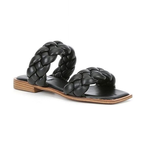 Steve Madden Spain Black Square Toe Chunky Double Braided Slip On Sandals Sz 7.5 - Picture 1 of 8